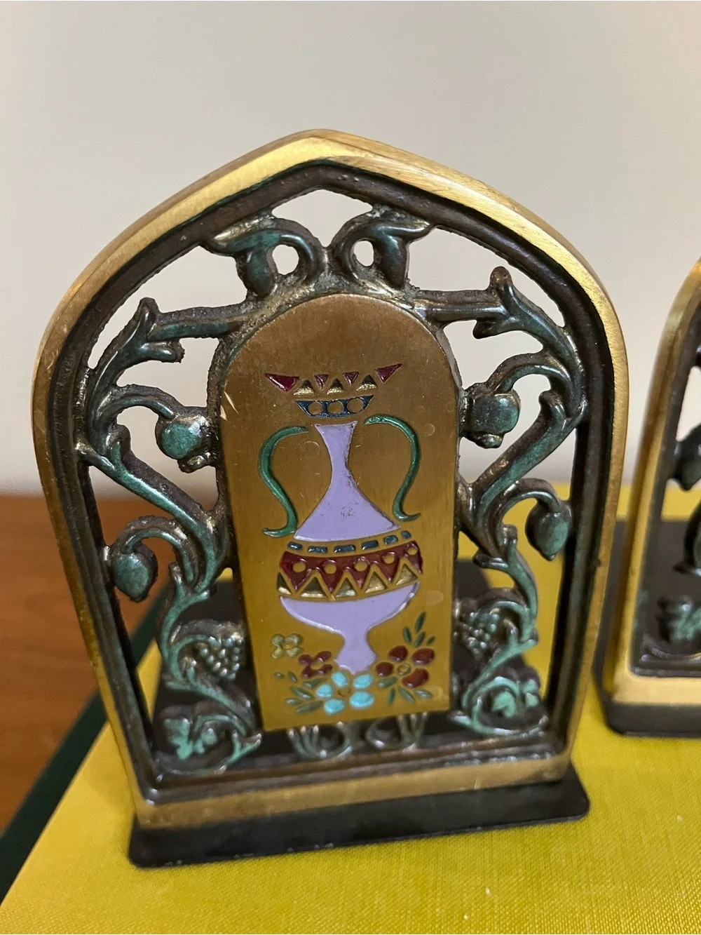 Decorative Brass Bookends with Enamel Inlay - Gold and Teal